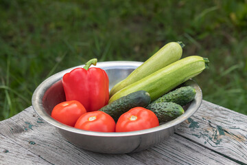 Freshly harvested vegetables in bowl on wooden table outside. Concept of backyard farming, healthy eating, homegrown food.