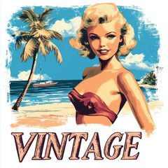 vintage cartoon illustration of beautiful woman on beach, retro style