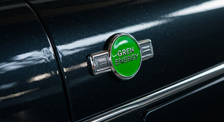 Close-up of 'green energy' emblem on a car