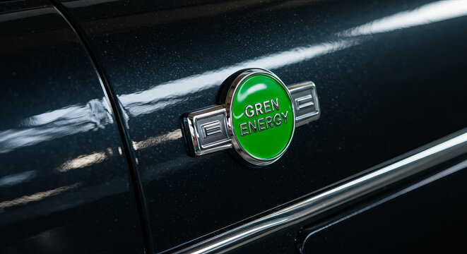 Close-up of 'green energy' emblem on a car