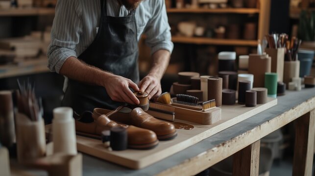 Craftsman restores leather shoes in a cozy workshop during the afternoon, showcasing his skill and dedication to traditional craftsmanship