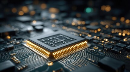 Scalable processor using next design concept. Close-up of a modern microchip showcasing intricate circuitry.