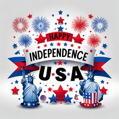 Obraz premium Patriotic Independence Day Illustration with Ribbon Banner Fireworks and USA Symbols