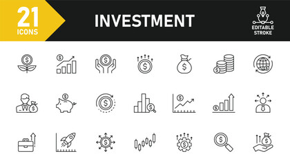 Investment line icon set. Set of 21 outline icons related to investment, investor, asset, risk management, trader, economy, financial gain, mutual fund and others. Editable stroke. Vector illustration