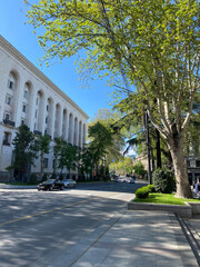 Sunny spring day on a tree-lined avenue in a European-style city with historic architecture and light traffic