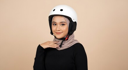 Young Woman Wearing White Helmet and Black Long Sleeve Top Standing Against Neutral Background