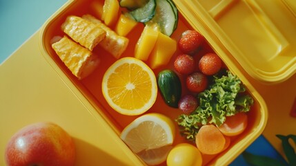 A yellow container with a variety of fruits and vegetables inside