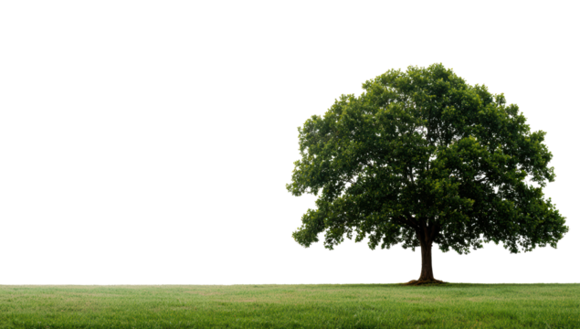 Transparent background single tree open field green grass, web banner copy space left, excellent for advertising banners, digital art projects, social media concepts.