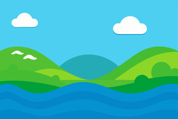 Fototapeta premium Blue summer landscape with green fields, mountains, and clouds