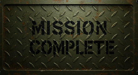 Metal plate with "mission complete" text