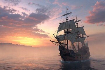 Obraz premium Galleon sailing at sunrise in foggy sea AI GENERATION 