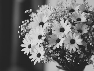 A bouquet of white flowers with black stems