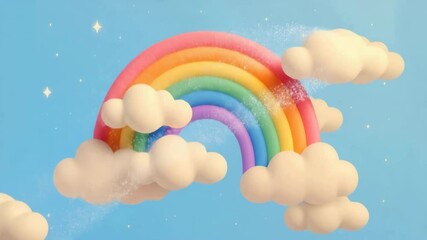 A soft rainbow arcs gently through fluffy white clouds, sparkling with magic and warmth. - Powered by Adobe