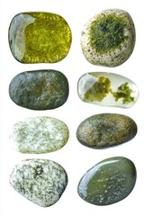 A collection of green rocks with one of them having a green moss on it