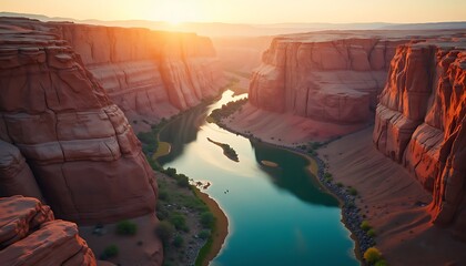 Sunset over winding river flowing through deep red sandstone canyon landscape