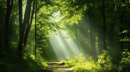 Fototapeta premium Enchanting sun rays filtering through lush greenery in a serene woodland