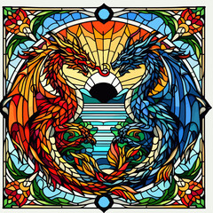 Stained glass artwork featuring two dragons, one red and one blue, facing each other with a fan in the center.