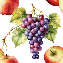Seamless Watercolor Grapes and Apples Pattern.