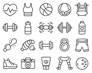 Comprehensive fitness coaching thin line icon set featuring professional health and wellness symbols for digital and print applications
