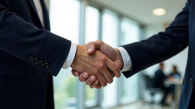 Close-up of two men in business suits shaking hands in a spacious bright room