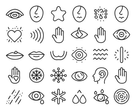 Comprehensive collection of symbols representing the five human senses including taste sight touch smell and hearing for various design applications