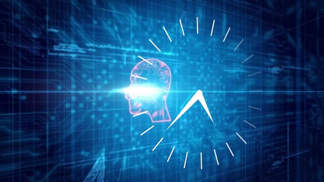 Bright flare emerging causing icons drifting as rotating clock encircling neon head showing timing - Powered by Adobe