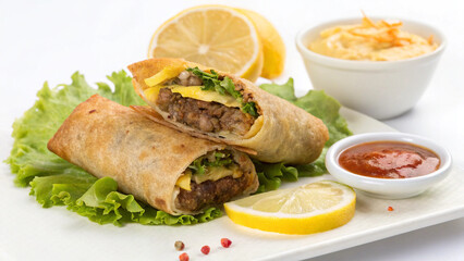 fresh and authentic Yummy Cheeseburger spring rolls food on white background