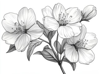 Detailed grayscale illustration of blooming flowers and leaves