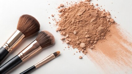 Cosmetic brushes and loose powder on a white surface creating a beauty themed composition