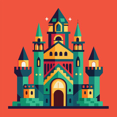 Vector style illustration of a fantasy castle, intricate details, and vibrant colors..eps