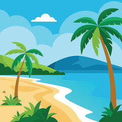 Vector style illustration of a tropical beach, palm trees, and clear blue water..eps
