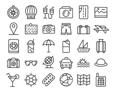 Comprehensive collection of thin line graphics representing travel and tourism activities and destinations for easy customization and application