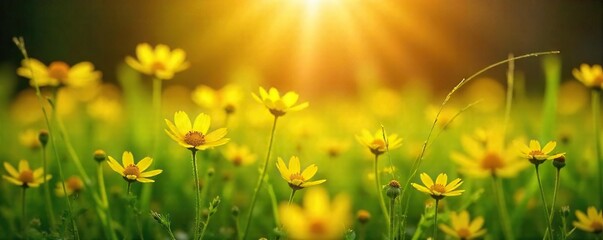 Fototapeta premium Golden Sunlight Streams Through Yellow Flowers in Lush Meadow, Evoking Joy and Serenity. Perfect for Summer, Wellness, and Uplifting Themes.
