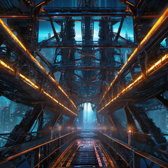 Reverse Perspective Gothic Cyberpunk Bridge in CAD Rendering
