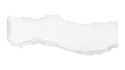 Roughly torn piece of white paper with feathered edges, horizontal strip, transparent background.