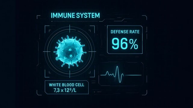 Looping animation of a futuristic HUD analyzing immune system performance, white blood cell count, and defense rate.