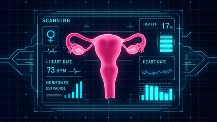 Looping animation of a futuristic medical HUD interface displaying uterus and hormone health diagnostics. - Powered by Adobe
