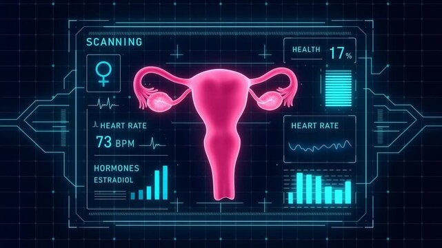 Looping animation of a futuristic medical HUD interface displaying uterus and hormone health diagnostics.
