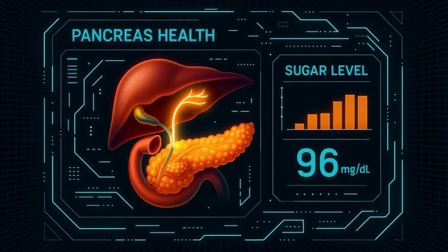 Futuristic looping HUD animation showing pancreas health and blood sugar level analysis.
