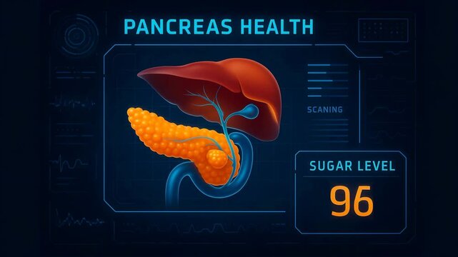 Looping animation of a medical HUD interface analyzing pancreas health and sugar level indicators.