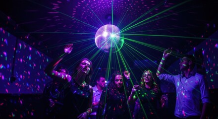Group of young adults dancing under disco ball with laser lights in nightclub