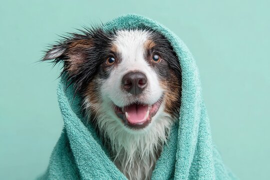wet Collie dog wrapped in a large teal towel