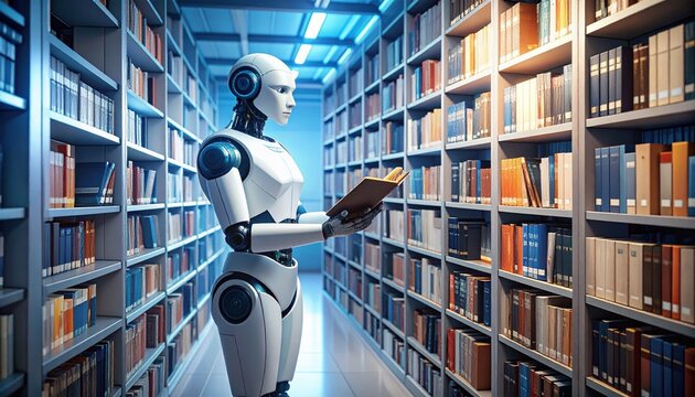 Intelligent robotic librarian engaged in reading book within high-tech library environment