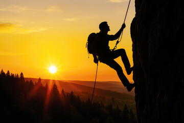 Silhouette climber descending rocky cliff at golden sunset over forest rock climbing