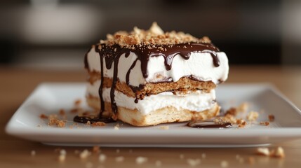 Delicious layered dessert with creamy filling and chocolate drizzle showcased on a white plate in a cozy cafe setting