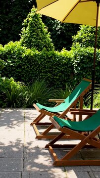 Relaxing deck chairs under yellow parasol in green garden