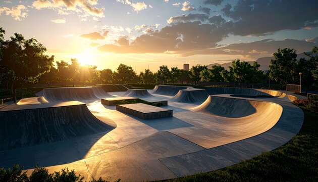 empty skatepark with ramps, half-pipes, urban extreme sport setting