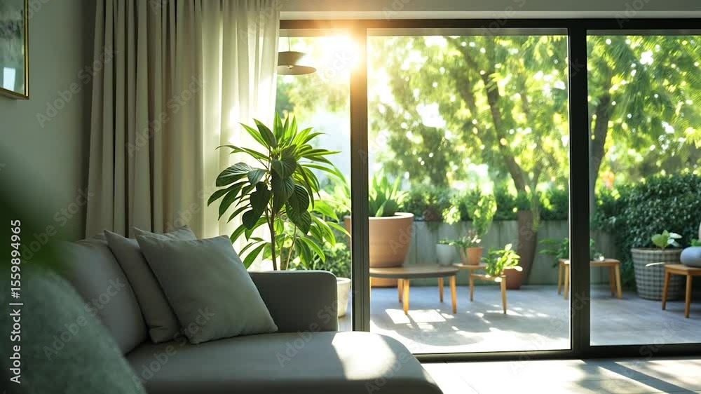 Poster soft sunlight streams into a living room with a view of a garden.