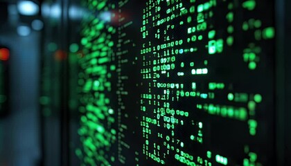 Server room data center shows binary code and computer network information flowing through the system in a technological environment for digital processing and cybersecurity. - Powered by Adobe