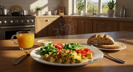 A healthy breakfast of tofu scramble with salad and bread on a kitchen counter in the morning light